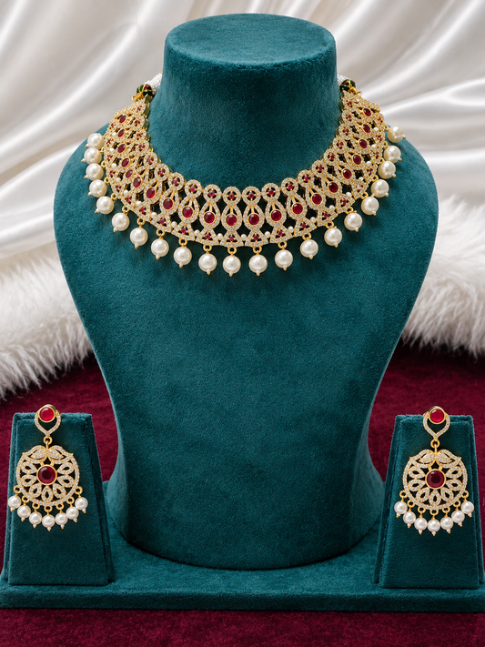 Royal Red Stone Pearl Necklace Set